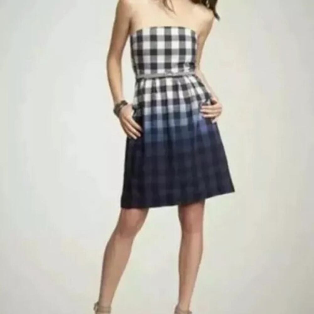 Gap Navy Blue Ombre Gingham Strapless Linen Blend Mini Dress Size 0
